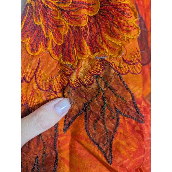 Chico’s Silk Organza Rust Orange Autumn Floral Button Up Top Women L Sz 2 Artsy - Picture 11 of 14
